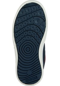 Semelle de chaussure bleu marine avec des motifs circulaires et en vagues ; texturée pour une meilleure adhérence. Présente un contour blanc avec le logo "GEOX" et la taille "27" marquée.