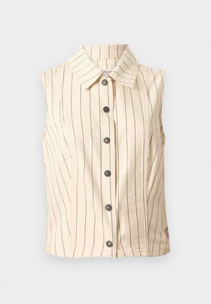 Μπεζ αμάνικο γιλέκο με μαύρες κάθετες ρίγες, έξι διακοσμητικά κουμπιά μπροστά και κλασικό γιακά.