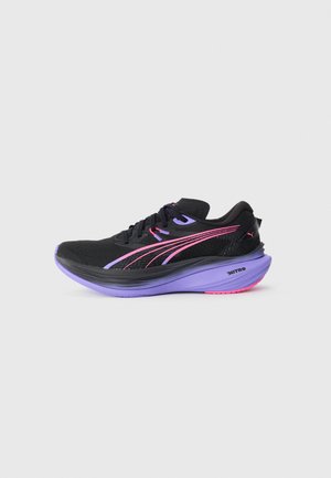 Black and purple running shoe with pink accents, thick cushioned sole labeled "NITRO," and lace-up design on a white background.