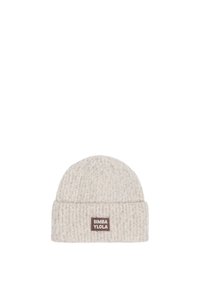 Szara, prążkowana czapka beanie z podwiniętym mankietem, z brązową naszywką z logo "BIMBA Y LOLA". Miękka tekstura i ciepły materiał.