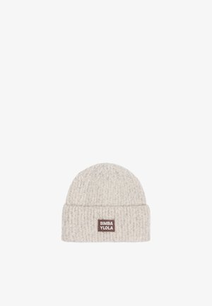 Szara, prążkowana czapka beanie z podwiniętym mankietem, z brązową naszywką z logo "BIMBA Y LOLA". Miękka tekstura i ciepły materiał.