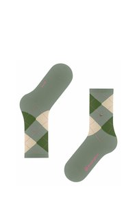 Zielone skarpetki w argyle z beżowymi i ciemnozielonymi wzorami w romby. Posiadają różowe logo w pobliżu mankietu oraz fakturowane podeszwy dla lepszej przyczepności.