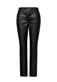 Zwarte leren broek met een aansluitend ontwerp, voorzien van een knoopsluiting, zijzakken met ritsen en een gladde, gestructureerde stof.