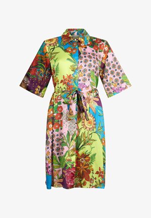 Bright floral dress with patchwork patterns, short sleeves, collared neckline, and a waist tie belt.