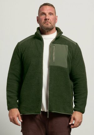 Homme aux cheveux courts et barbe, portant une veste polaire verte foncée zippée sur une chemise claire, sur un fond uni.