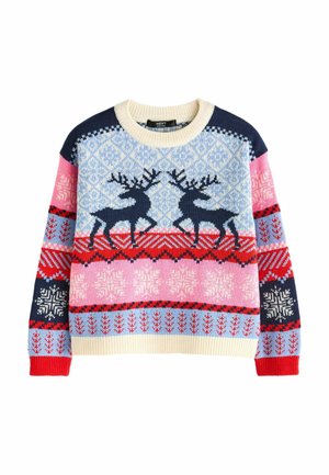 Maglione lavorato a maglia con una combinazione di colori blu navy, rosa e rosso. Il design include renne, fiocchi di neve e motivi geometrici. Maniche a coste.