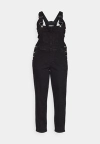 Salopette en denim noir avec bretelles réglables, poche poitrine avant, boutons latéraux et pantalon droit sur fond uni.