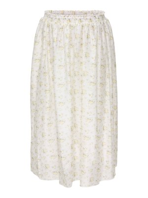 Falda midi blanca con pequeño estampado floral amarillo y cintura elástica.