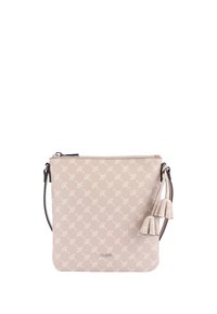 Borsa a mano beige realizzata in materiale testurizzato, con un motivo ripetuto, chiusura con zip e due frange decorative. Cinghia per spalla liscia attaccata.
