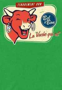 Grafika červené krávy s usměvavou tváří, náušnicemi a vintage stylem. Pozadí je zelené a text obsahuje "La Vache qui rit" a branding.