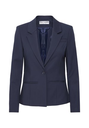 Navy blue women's blazer featuring a notched collar, single button closure, two front pockets, and a smooth inner lining.