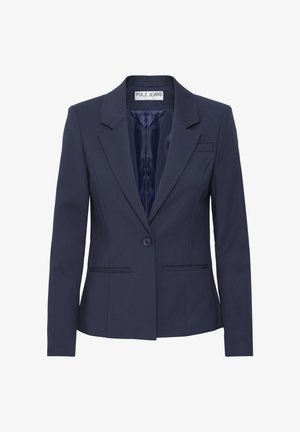 Blazer pour femme bleu marine avec un col cranté, fermeture à bouton unique, deux poches avant et doublure intérieure lisse.