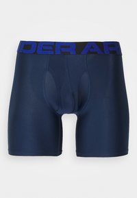 Caleçons boxers bleu marine avec une ceinture élastique noire arborant le lettrage bleu "UNDER ARMOUR". Tissu doux et lisse avec une coupe ajustée.