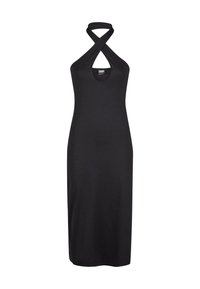 Crna halter maksi haljina s dubokim dekolteom i prepletenim naramenicama. Izrađena od glatkog, rastezljivog materijala. Elegantna, tijesno prilegnuta dizajn.