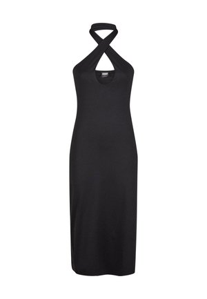 Abito maxi nero con scollo profondo e spalline incrociate. Realizzato in un tessuto liscio e elasticizzato. Design elegante e aderente.