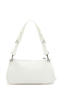 Weiße Kunstleder-Schultertasche mit gebogener Form, verstellbarem Tragegurt, Reißverschluss und Hardware in Silberfarbe zur Befestigung.