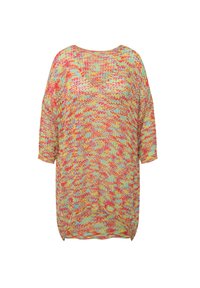 Gebreide oversized top met een levendig multicolor patroon in rood, geel en blauw, met een ruime hals en korte mouwen.