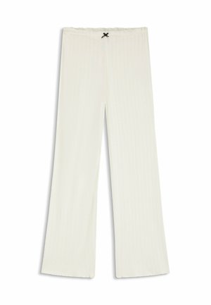 Off-white ribbed knit wide-leg pants with elastic waistband and small black bow detail at the center front.