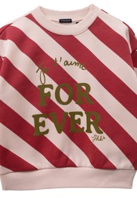 Rode en roze gestreepte sweatshirt, met groene tekst die "FOR EVER" en "je t'aime" zegt. Zacht materiaal met een geribde kraag en manchetten.