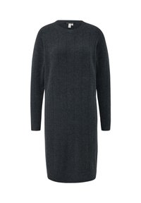 Dunkelgraues Strickkleid mit rundem Halsausschnitt, langen Ärmeln und vertikaler Rippenstruktur. Entworfen für eine lockere, lässige Passform.