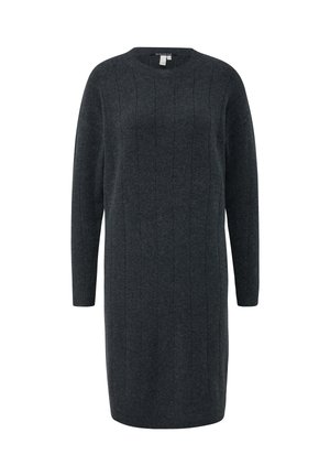 Temno siva pletena obleka s krojenim ovratnikom, dolgimi rokavi in vertikalno rebrasto teksturo. Oblikovana za ohlapen in sproščen kroj.