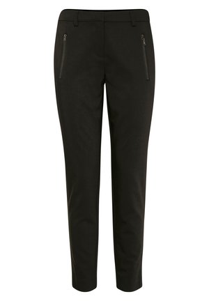 Schwarze Hose aus glattem Stoff, mit schlanker Passform, mittelhohem Bund und zwei Reißverschlusstaschen vorne. Sauberes Design ohne sichtbare Muster.