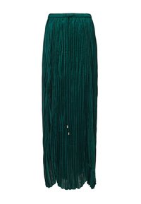 Falda maxi plisada en verde profundo, con una textura suave y brillante, cinturilla elástica y pequeños acentos decorativos cerca del dobladillo.