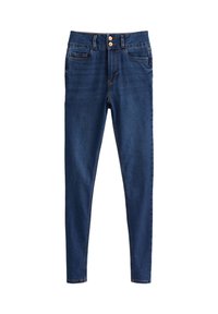 Jeans skinny de mezclilla azul oscuro con una cintura alta, que cuentan con dos bolsillos frontales y cierre de doble botón, ofreciendo una textura suave.