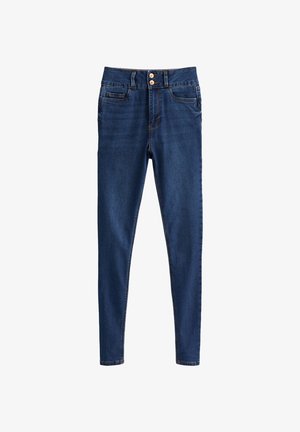 Dunkelblaue Skinny-Jeans aus Denim mit hoher Taille, ausgestattet mit zwei vorderen Taschen und doppeltem Knopfverschluss, der eine glatte Textur bietet.
