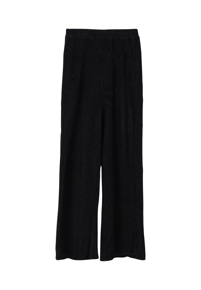 Schwarze, weit geschnittene Hose aus strukturiertem Stoff. Verfügt über einen elastischen Bund und eine lockere Passform, die für Komfort und Bewegungsfreiheit sorgt.