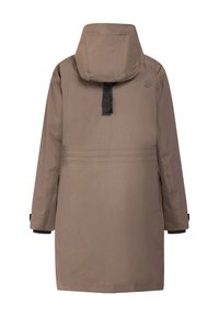 Braune, mit Kapuze versehene Parka mit einem schlichten Design. Verfügt über einen Zugbandsaum, seitliche Reißverschluss-Taschen und elastische Bündchen. Glatte Textur, mittellang.