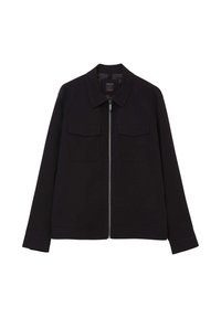 Veste noire avec fermeture zippée, deux poches plaquées à l'avant, un col et des manches longues. Fabriquée dans un tissu lisse. Design minimaliste.