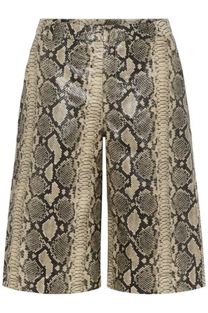 Shorts taille haute à motif imprimé serpent beige et noir, longueur au genou et coupe jambes larges.