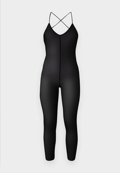 Mono negro de corte ajustado, con finas tiras cruzadas y un escote en V profundo. Fabricado con un material suave y ligeramente transparente.
