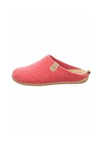 Pantofola rossa in feltro con punta arrotondata, design slip-on, etichetta in pelle beige e suola in gomma strutturata. Tessuto morbido e costruzione leggera.
