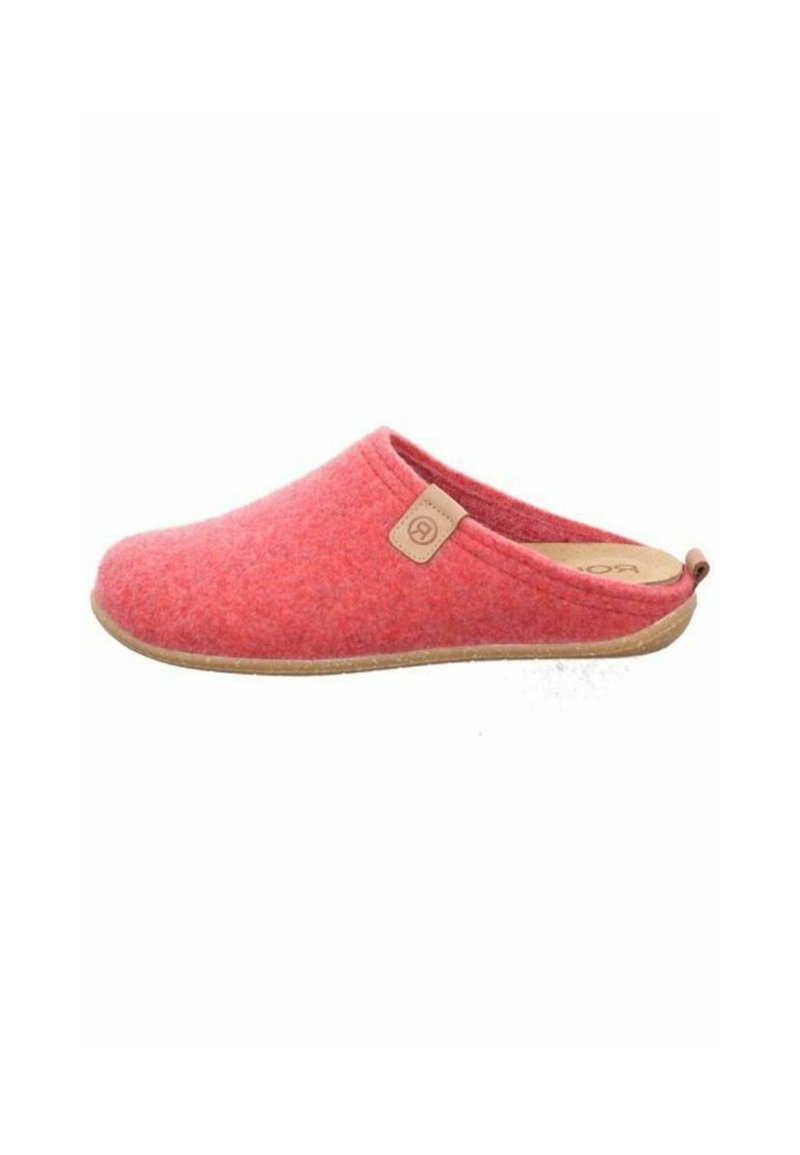 Pantofola rossa in feltro con punta arrotondata, design slip-on, etichetta in pelle beige e suola in gomma strutturata. Tessuto morbido e costruzione leggera.
