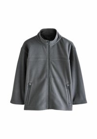 Grau fleecejacke mit einem hohen Kragen, vorderem Reißverschluss und zwei seitlichen Reißverschlusstaschen. Sie zeichnet sich durch eine weiche Textur und einen entspannten Schnitt aus.