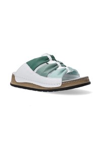 Teal en witte hybride slide sandaal met kruisschoenen, voorzien van een bruine zool en een open teen ontwerp voor casual gebruik.