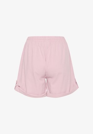 Bermudas de algodón rosa claro con cinturilla elástica, con puños enrollados asegurados con botones a los lados. Textura suave, diseño casual.