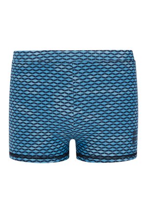 Zwemshorts in een geometrisch blauw patroon met verschillende tinten. Gemaakt van een gladde stof, ze hebben een vlakke tailleband en contrasterende afwerking.