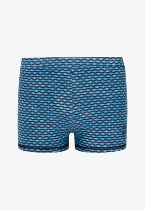 Zwemshorts in een geometrisch blauw patroon met verschillende tinten. Gemaakt van een gladde stof, ze hebben een vlakke tailleband en contrasterende afwerking.