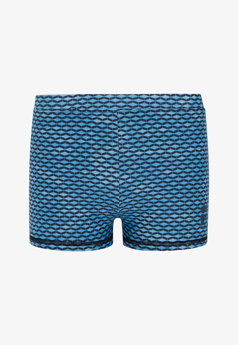 Swim shorts in a geometric blue pattern with varying shades. Made of smooth fabric, they feature a flat waistband and contrasting trim.