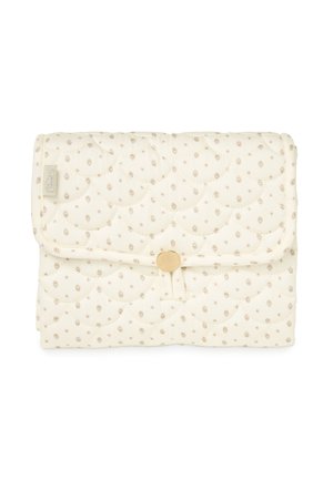 Quilted cream-colored fabric pouch with small brown floral pattern, secured by a round beige button and fabric loop closure.