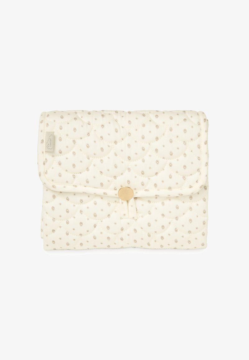 Quilted cream-colored fabric pouch with small brown floral pattern, secured by a round beige button and fabric loop closure.