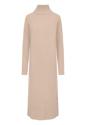 Beige coltrui jurk, geribde manchetten en zoom, knielengte, zachte textuur, relaxte pasvorm, eenvoudig ontwerp, geen zichtbare patronen of accenten.