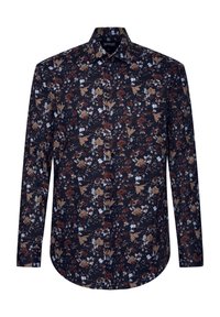 Mørk blomster skjorte med en marineblå baggrund og brune, blå og gyldne blomster. Lange ærmer, klassisk krave og knaplukning.