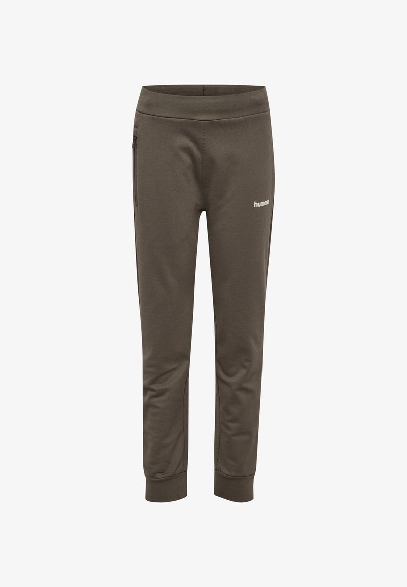 Olijfgroene sweatpants met een taps toelopend ontwerp, voorzien van een brede tailleband en een zipzak, gemaakt van zachte, rekbare stof.