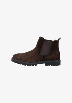 Stivale Chelsea in suede marrone con pannelli elastici laterali, un occhiello per il pollice e una suola in gomma nera robusta con profondi motivi di battistrada.