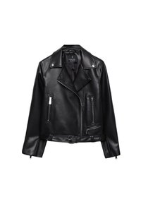 Sort læderjakke med et cropped design, der har en reverskrave, lynlåslommer og et bælte ved taljen. Glat tekstur, minimalistisk stil.
