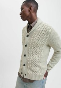 Cardigan en tricot gris clair avec col châle, présentant des motifs texturés, six boutons noirs et des poignets et ourlet côtelés.